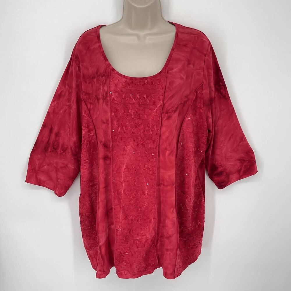 Catherines NEW Women's Embroidered Scoop Neck Top 3/4 Sleeves Size 1X Berry Red